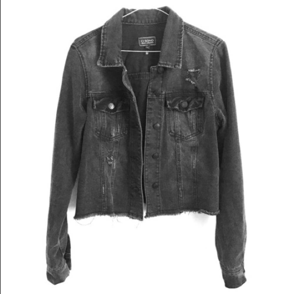 Distressed black jean jacket